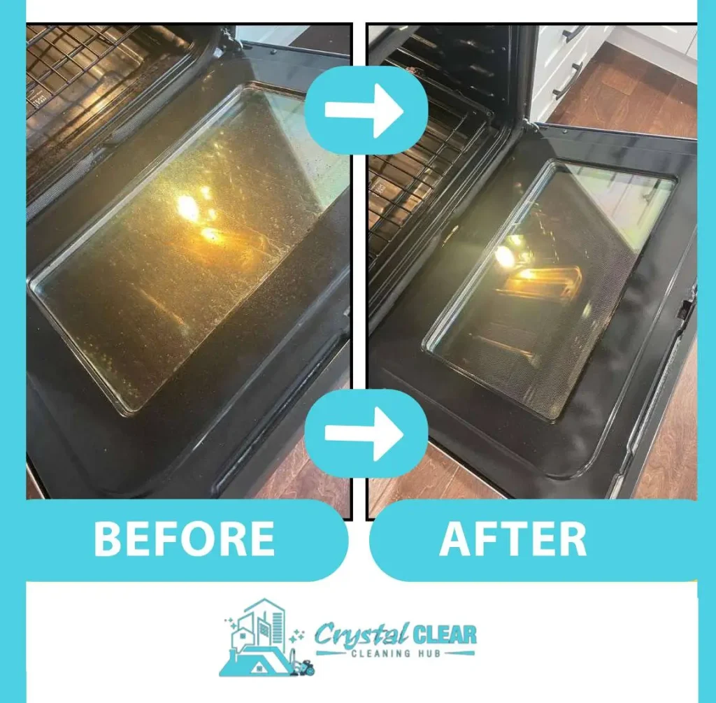 micro oven before and after deep cleaning, showing removal of limescale and grime by Crystal Clear Cleaning Hub
